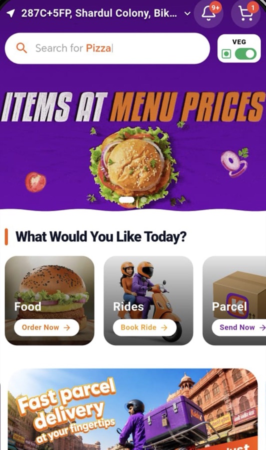 The Kuicko app home screen showing Food, Rides and Parcel, with items at menu prices.