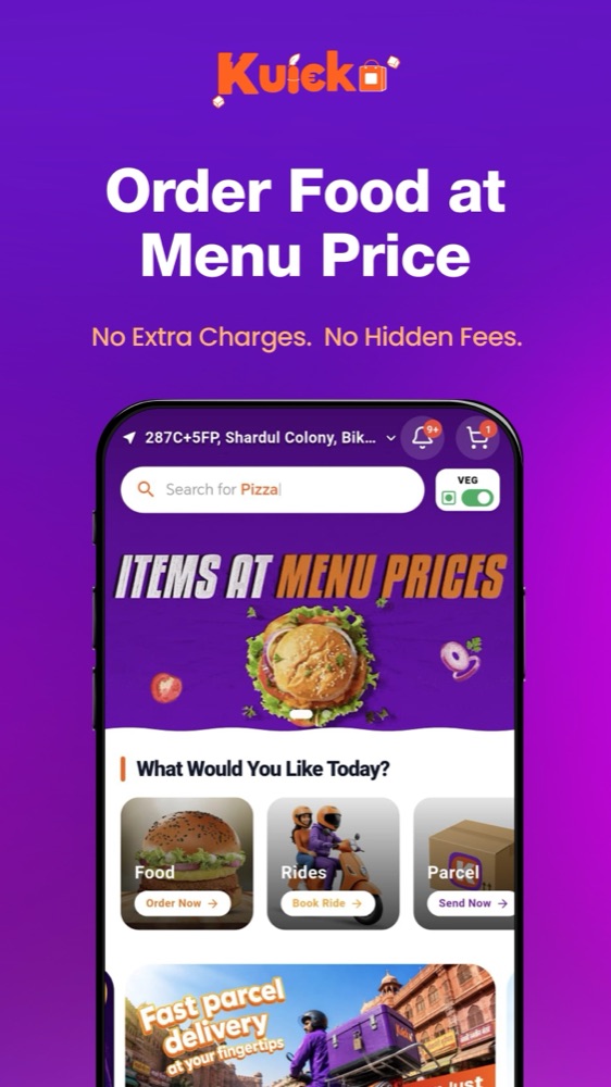 Kuicko app listing artwork — order food at menu price with no extra charges.